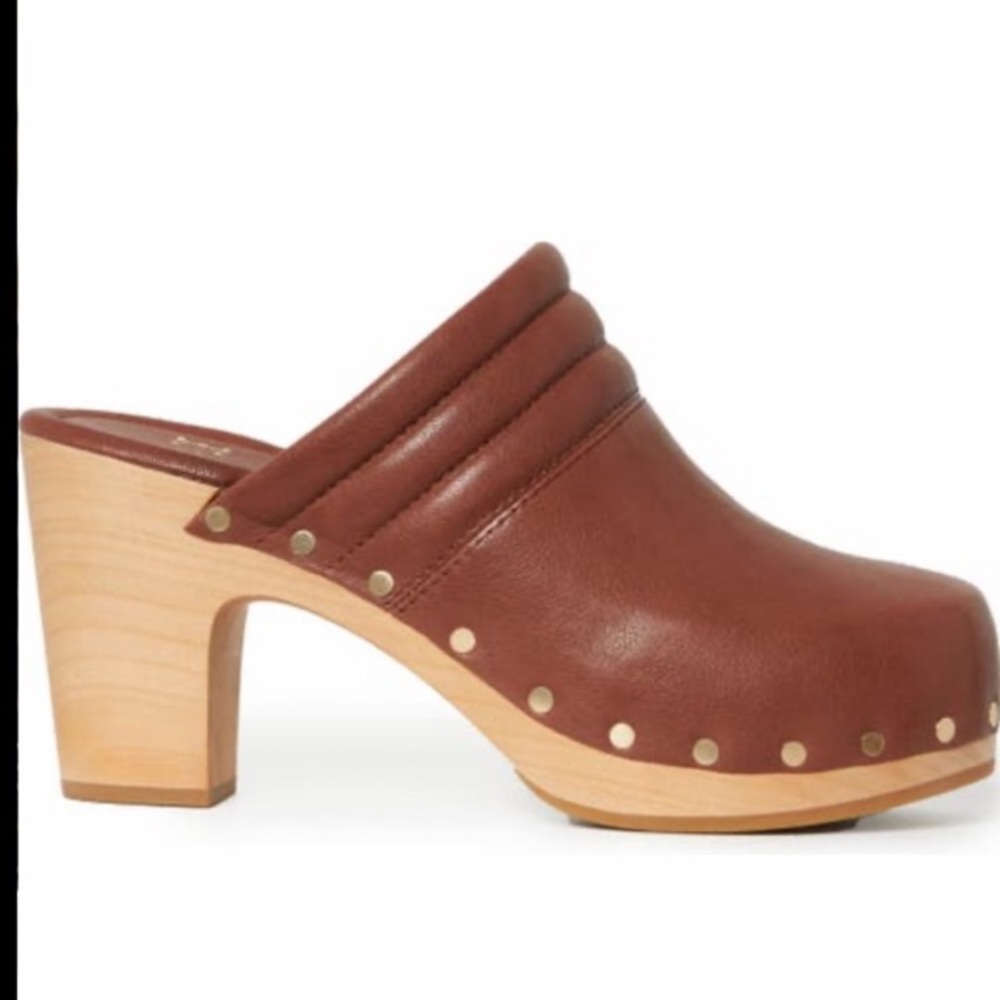 Whiskey Brown Leather Studded Clog Wooden Heel | Paige Robbie - Picture 3 of 8